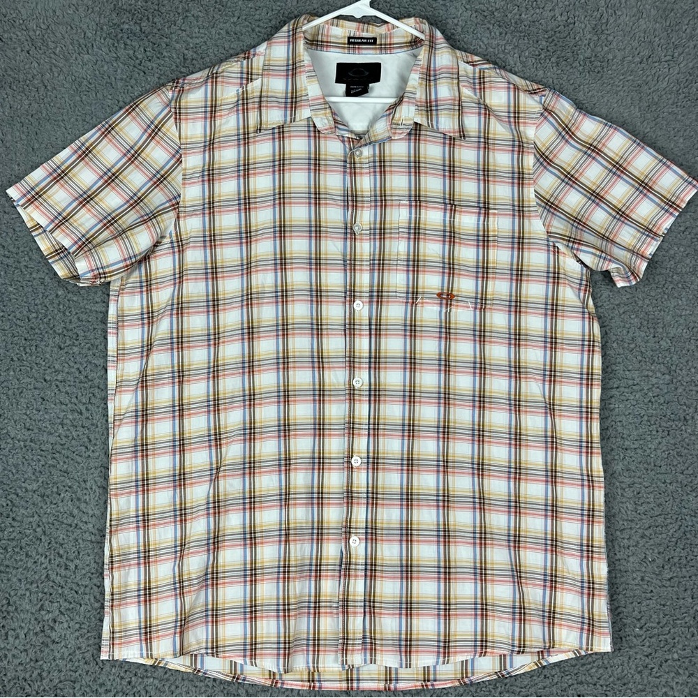 Oakley Short Sleeve Button Up‎ Shirt Casual Orange Plaid Mens Sz XXL/2XL EUC